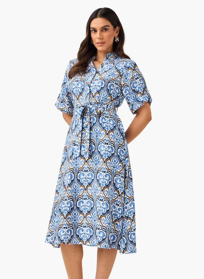 Splash FAV Belted Midi Shirt Dress with Printed Design